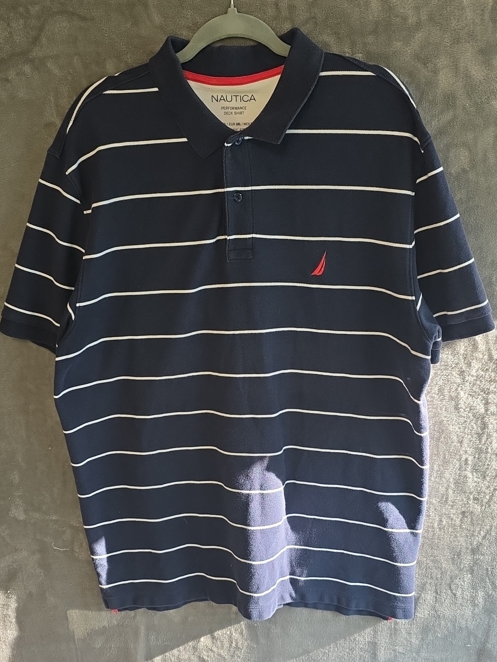 Nautica Navy and White Striped Polo with Red Sail Emblem